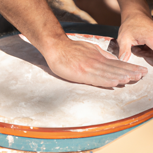 Preparation of Dutch oven pizza dough, with a person rolling out the dough on a floured surface.